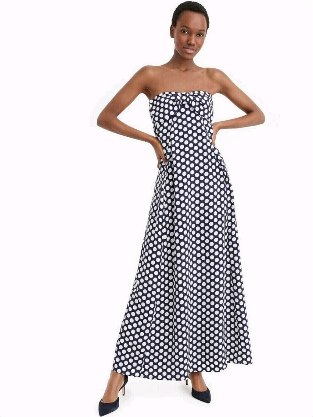 JCrew Silk Strapless Polka Dot Maxi Dress with Bow at Chest-Navy/Black-12 NWT